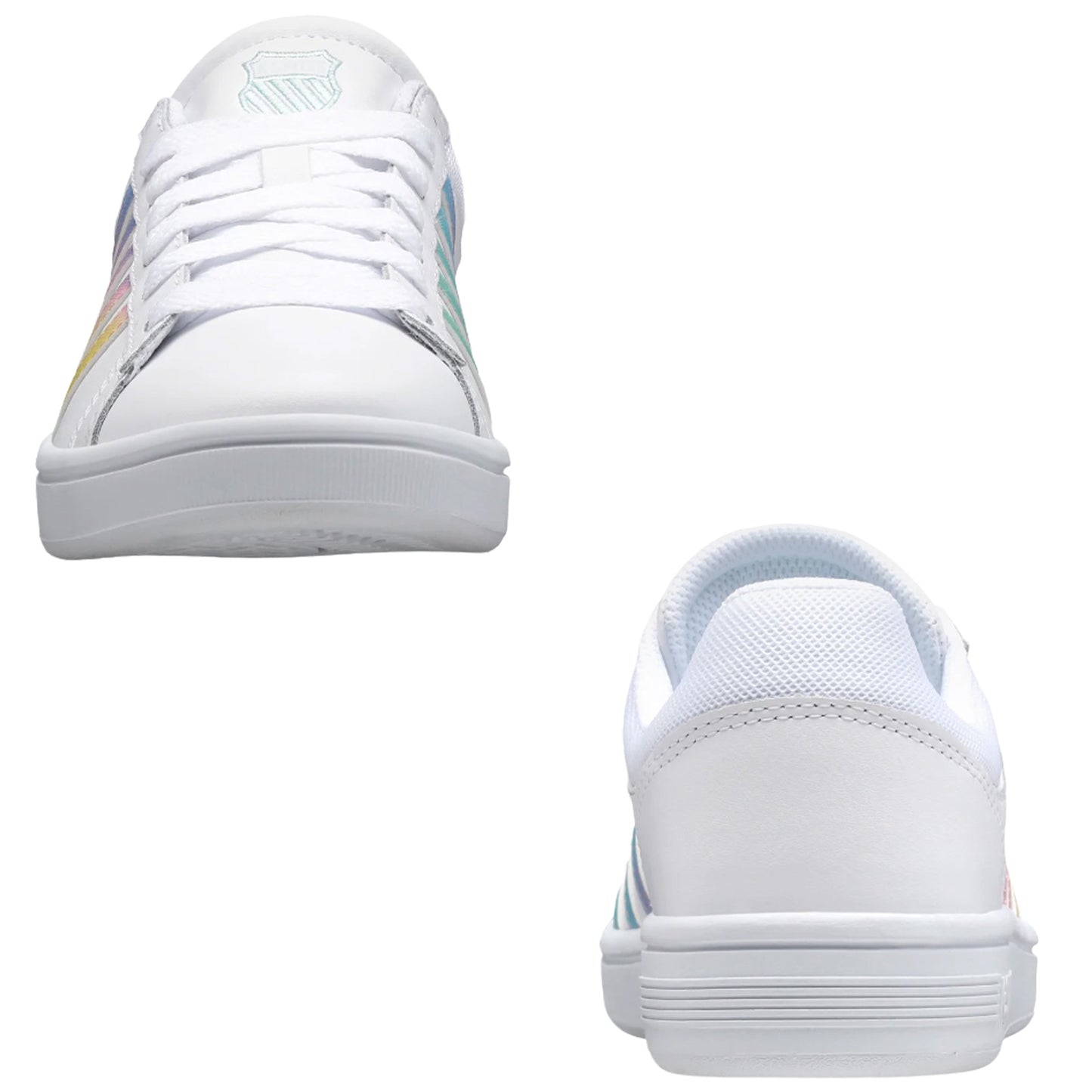 White sneakers with multicolored stripes on the sides are displayed from the front and back angles against a plain background showcasing their design and color contrast.