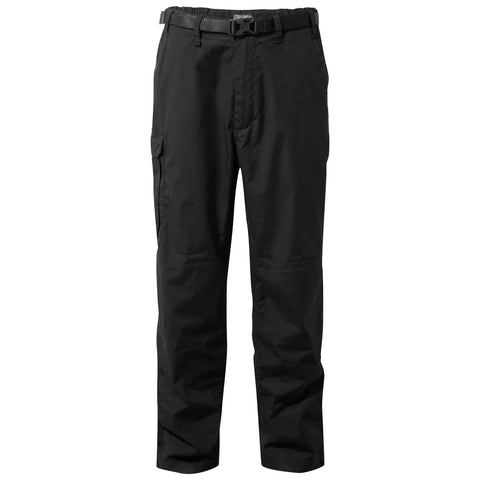 Black pants are displayed standing up with a belt attached at the waist featuring side pockets designed for utility use in casual or outdoor contexts.