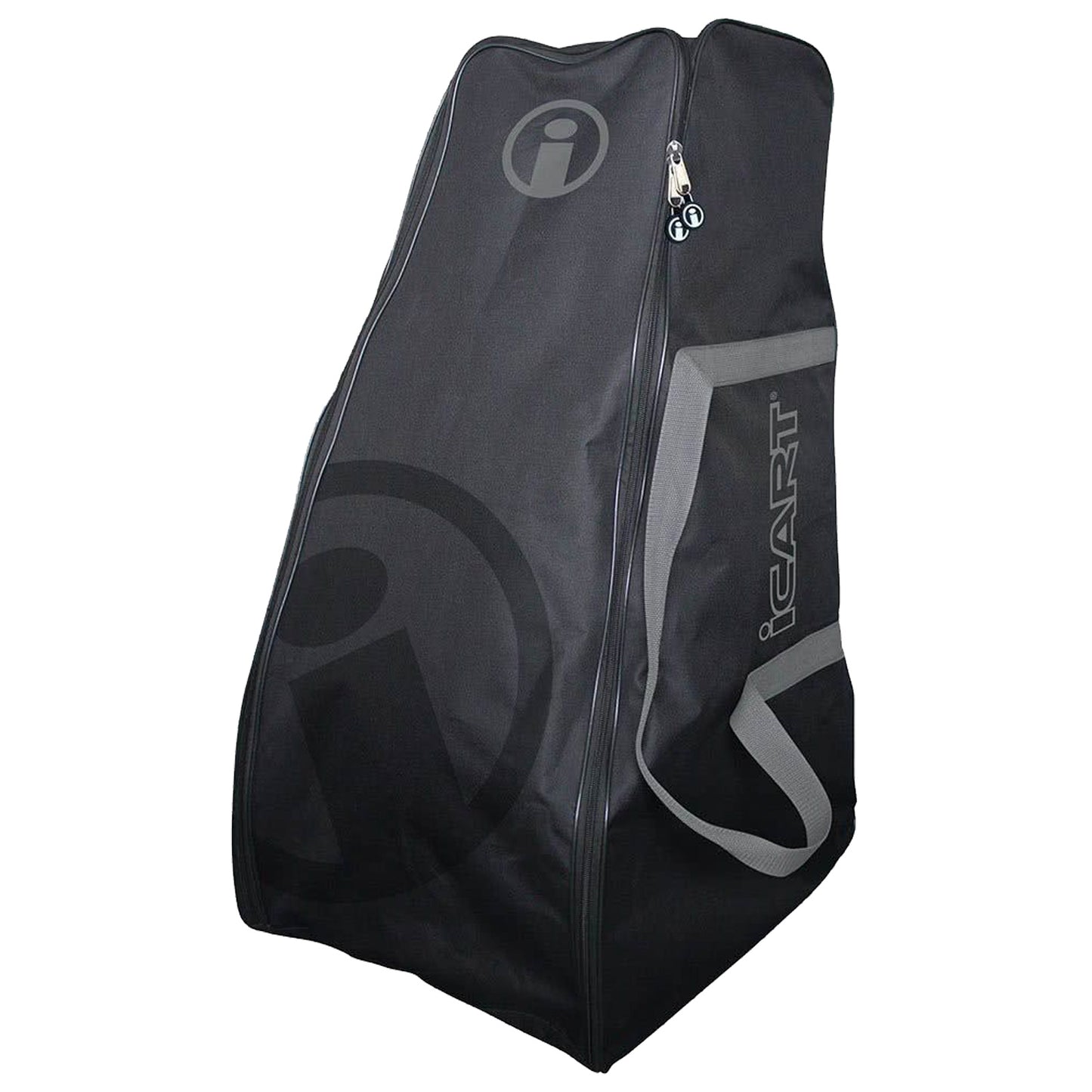 A black soft-sided bag with a zip closure is positioned upright with a gray shoulder strap and the word "iCART" printed on the side, suggesting it is designed for carrying items.