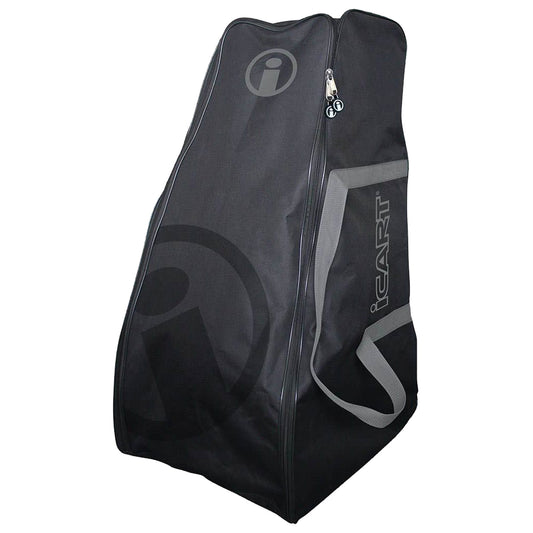 A black soft-sided bag with a zip closure is positioned upright with a gray shoulder strap and the word "iCART" printed on the side, suggesting it is designed for carrying items.