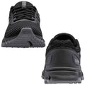 Black athletic shoes are displayed from the front and back angles showcasing their mesh and synthetic design with laces and branding on the sides positioned against a plain background.