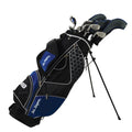 A black and blue golf bag stands upright on its legs with several clubs partially visible at the top the bag features hexagonal patterns and pockets for accessories.