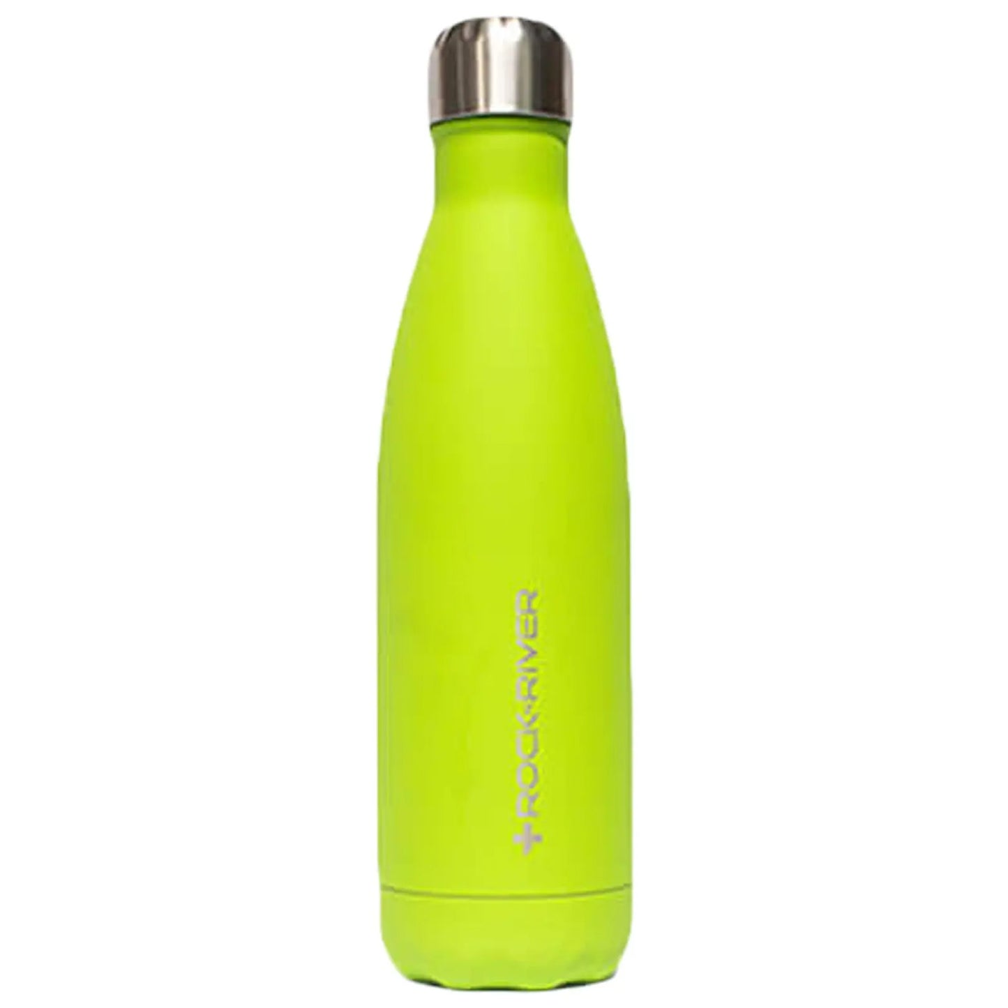 A bright green insulated water bottle stands upright with a stainless steel cap reflecting light its surface appears smooth and matte against a plain background