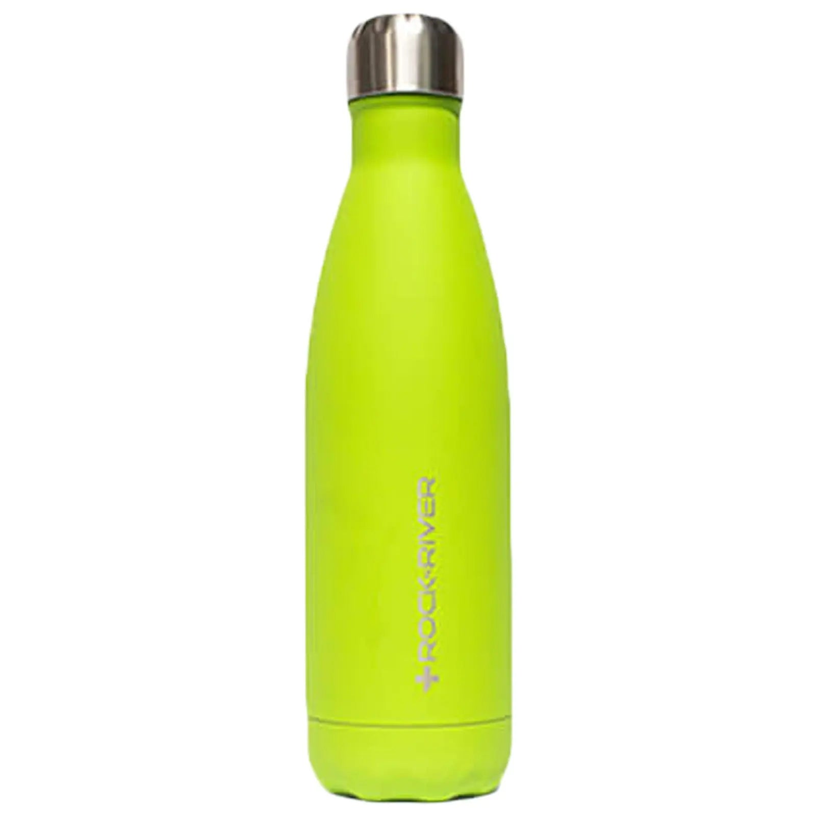 A bright green insulated water bottle stands upright with a stainless steel cap reflecting light its surface appears smooth and matte against a plain background