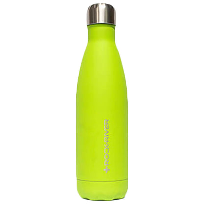 A bright green insulated water bottle stands upright with a stainless steel cap reflecting light its surface appears smooth and matte against a plain background
