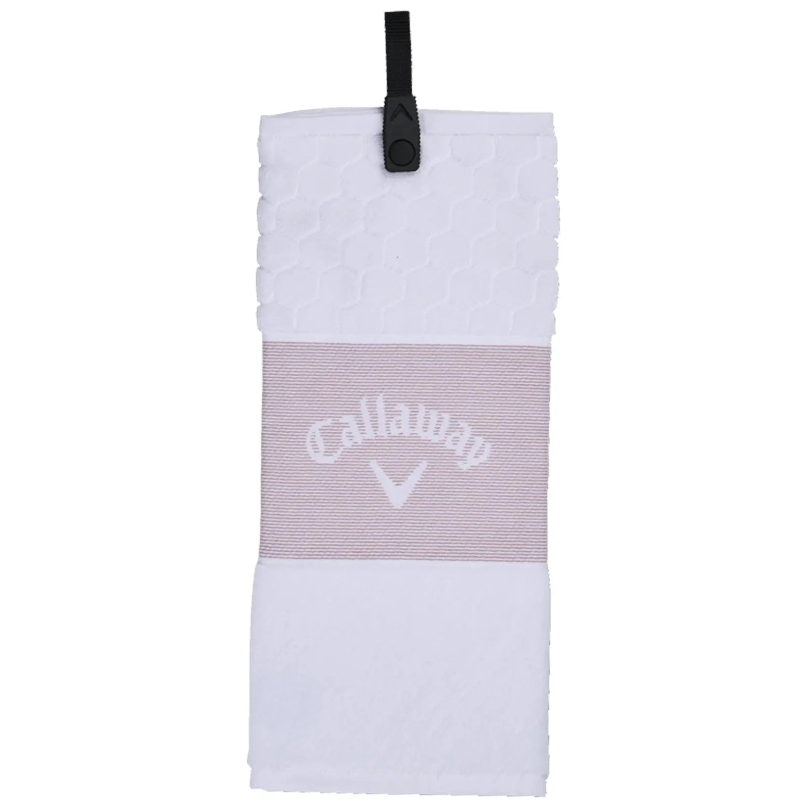 A golf towel featuring a textured honeycomb top and a smooth pink band with the brand name Callaway printed on it hanging from a black loop.