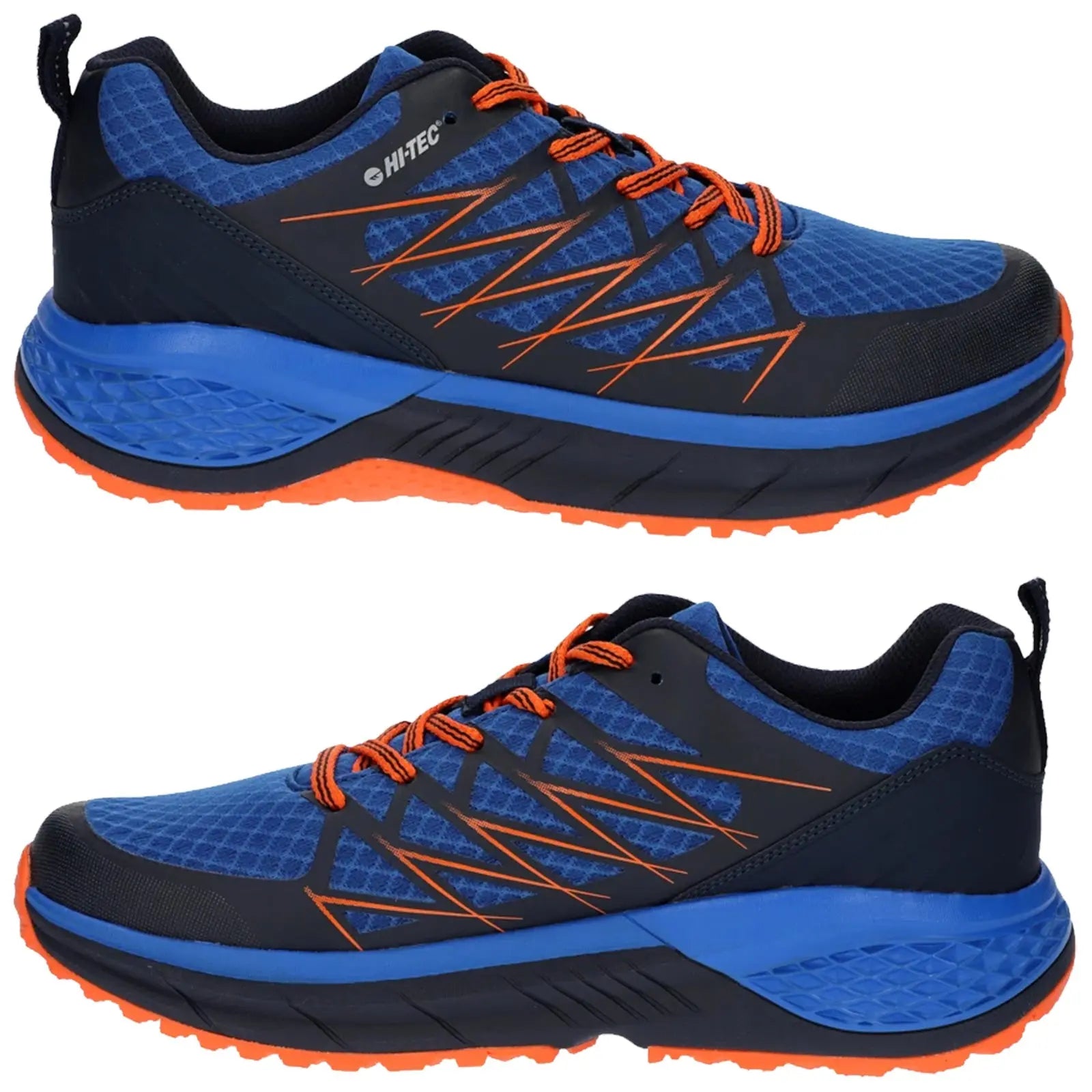 Blue and black athletic shoes feature orange laces and accents with a textured design. They are positioned on a neutral background showcasing their structure and colors for visibility.