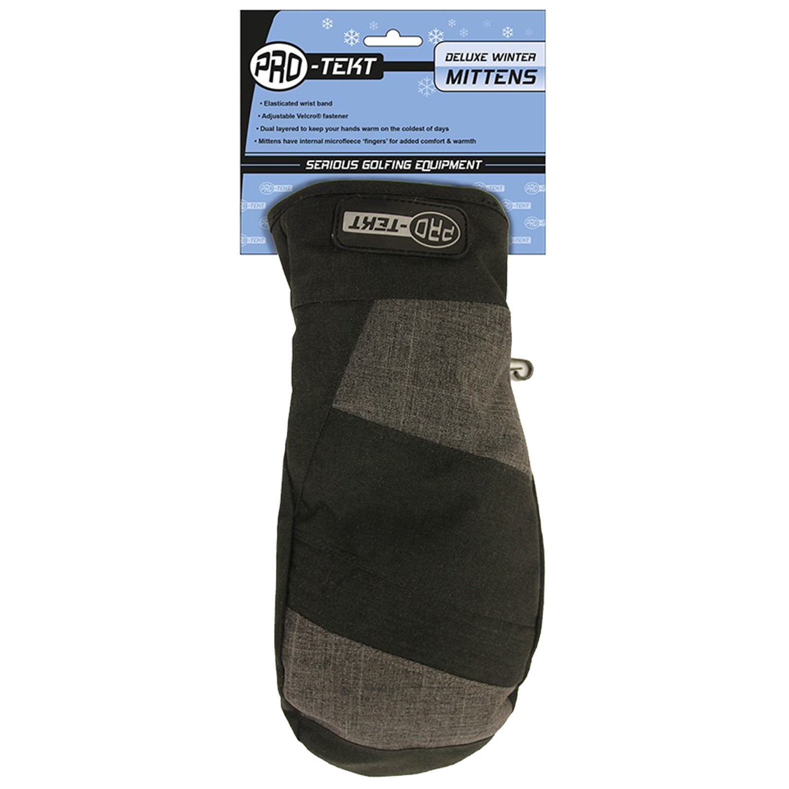 A pair of black and gray winter mittens is displayed on a blue packaging background featuring text about features like elastic wrist band and adjustable fastener suitable for golfing in cold weather.