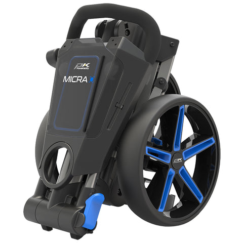 A compact, black and blue folding stroller stands upright with large wheels featuring a geometric design, showcasing its portability and ease of use in various environments.