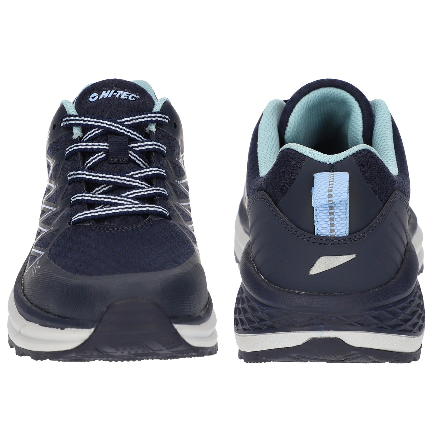 Dark blue athletic shoes are displayed standing side by side showcasing laces on the front and structured back panels against a plain white background.