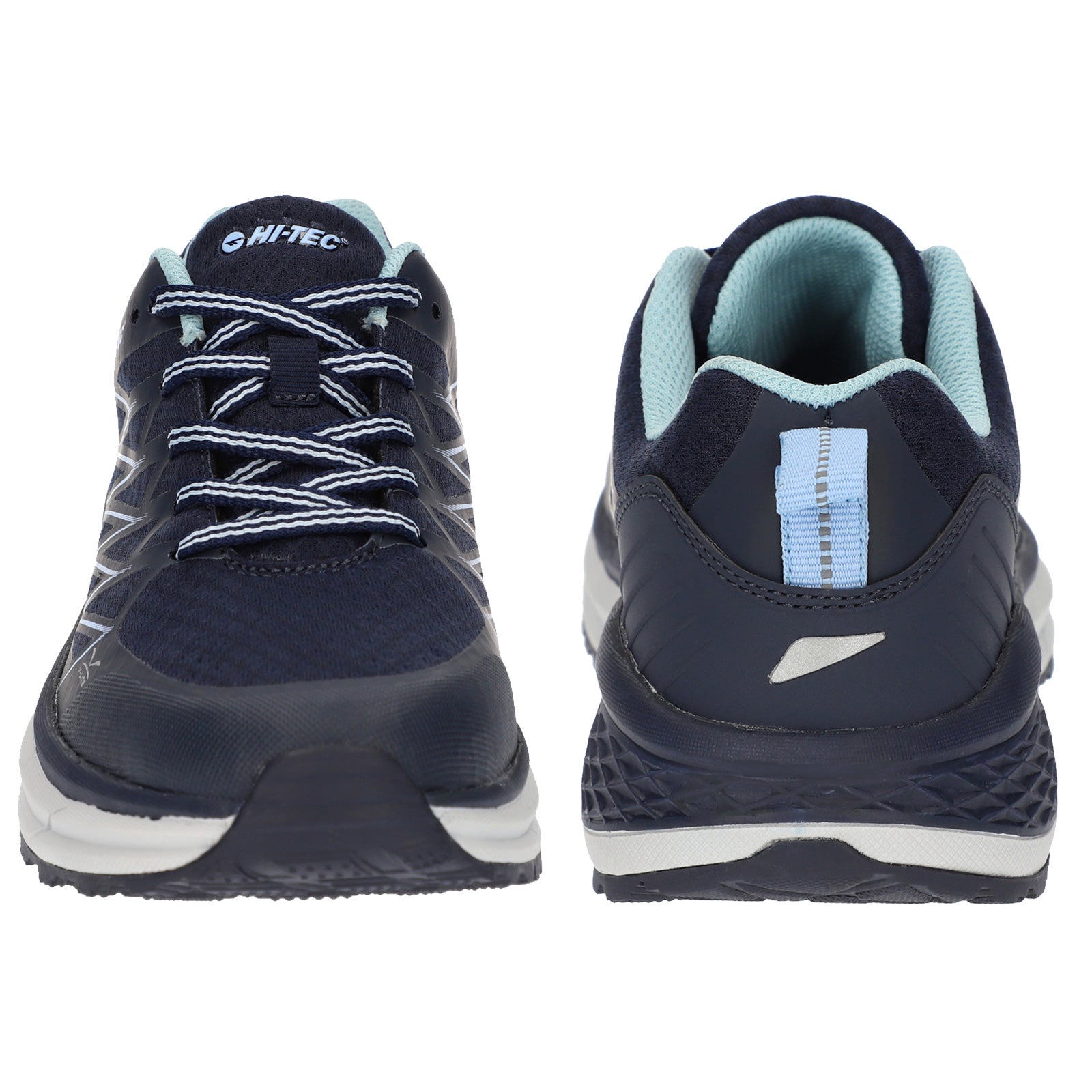 Dark blue athletic shoes are displayed standing side by side showcasing laces on the front and structured back panels against a plain white background.