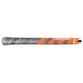 A golf club grip is displayed showcasing a combination of gray and orange colors with textured patterns designed for improved traction and control in a plain background.