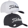 Two baseball caps are displayed stacked with the top one being white and the bottom one black both featuring the logo Titleist prominently on the front in contrasting colors.