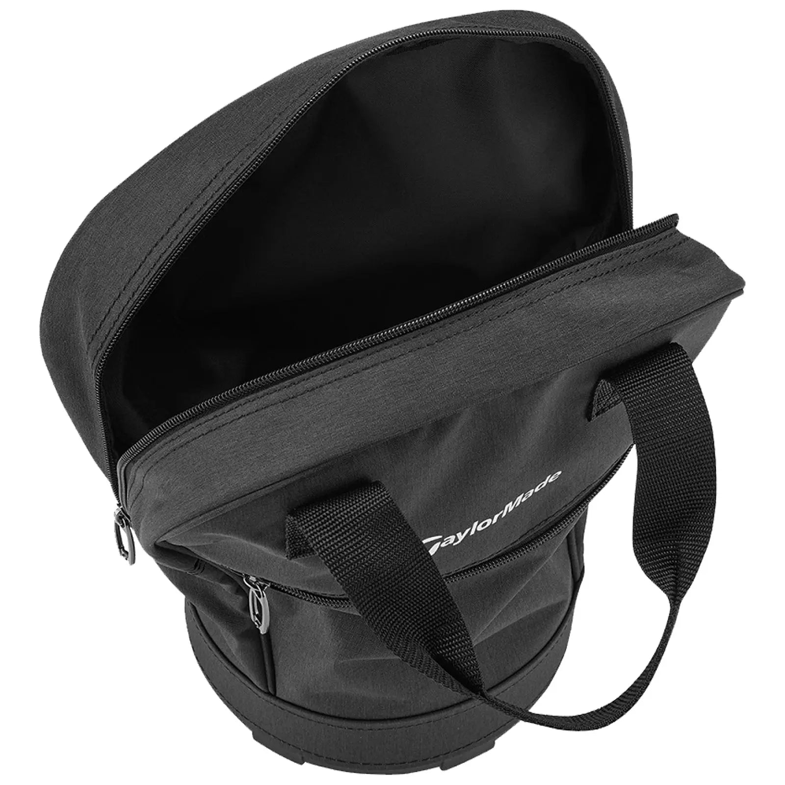 A black bag with a zippered opening is displayed from an angled perspective showcasing its interior space and sturdy carrying handles in a neutral environment