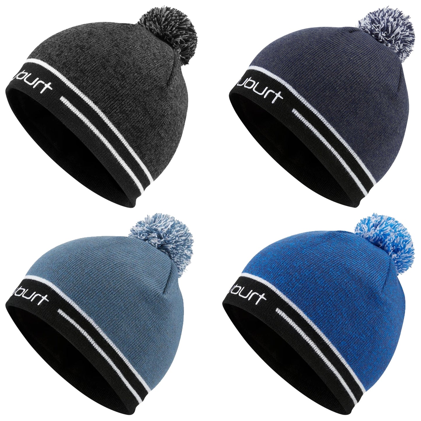 Four knitted beanies are displayed in different colors including gray navy blue light blue and dark blue each topped with a pompom and featuring a black band with the word suburt.