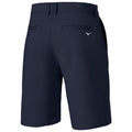 Dark navy shorts are displayed hanging vertically with a smooth texture and two back pockets featuring a small logo on the side, set against a plain white background.