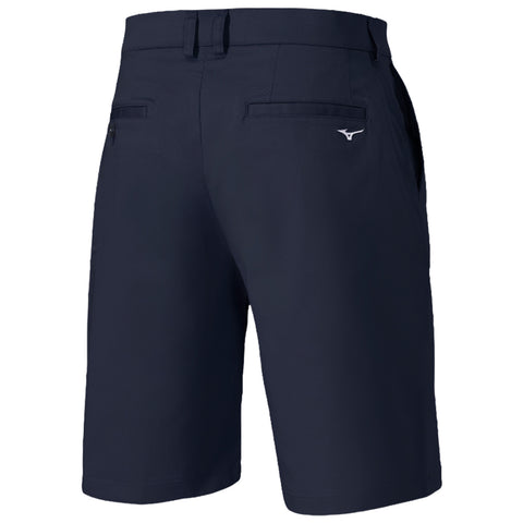 Dark navy shorts are displayed hanging vertically with a smooth texture and two back pockets featuring a small logo on the side, set against a plain white background.