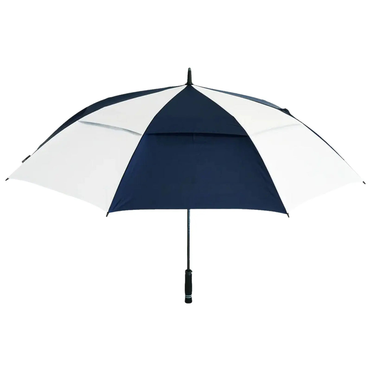 A large umbrella with alternating navy blue and white panels is opened upright providing shade or protection from rain in an outdoor environment likely during inclement weather.
