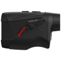 A compact black rangefinder features a textured grip and simple controls for slope and power settings designed for outdoor use in golf or similar activities.