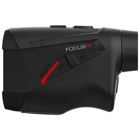 A compact black rangefinder features a textured grip and simple controls for slope and power settings designed for outdoor use in golf or similar activities.