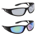 Black sunglasses are displayed side by side with one pair featuring reflective gray lenses and the other with a blue-green gradient lens in a neutral background