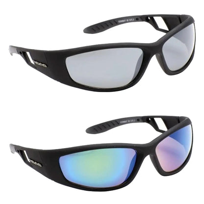 Black sunglasses are displayed side by side with one pair featuring reflective gray lenses and the other with a blue-green gradient lens in a neutral background