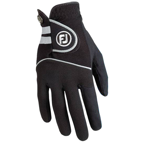 A black glove designed for sports or outdoor use is displayed with a snug fit featuring a logo and reflective striping it is positioned against a plain white background.