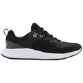 A black athletic shoe rests on a flat surface showcasing a textured upper mesh and a white sole designed for comfort and performance in sports or exercise activities.
