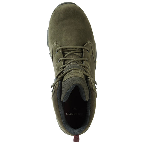 A green hiking boot is shown from above with laces tied and a rounded toe the context suggests it is suitable for outdoor activities and rugged terrain