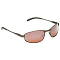 A pair of stylish sunglasses with a sleek metal frame and pink tinted lenses is positioned at an angle against a plain background showcasing its design and reflective qualities.