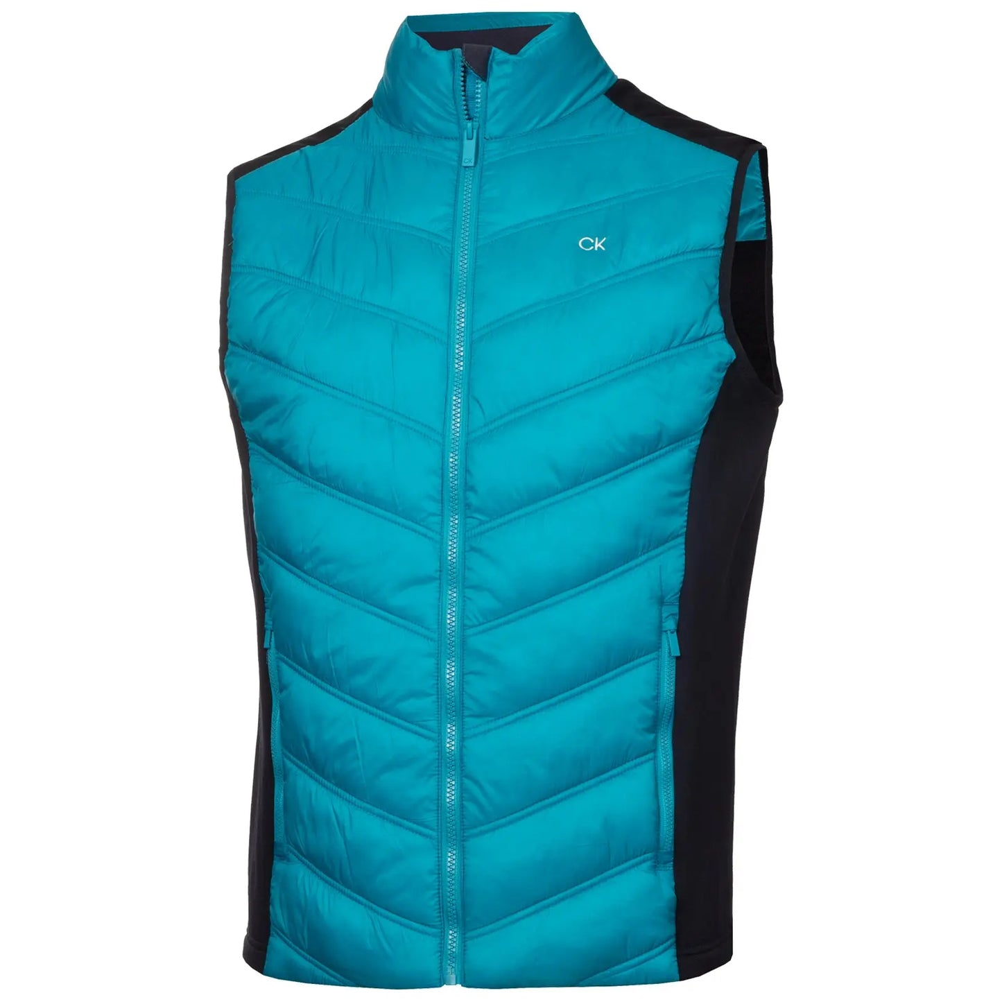 A sleeveless puffer vest in bright teal with a zippered front features a chevron pattern and black side panels, suitable for outdoor activities in cooler weather.