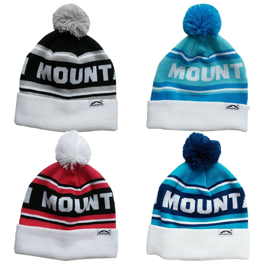 Four knitted hats are displayed in two rows with pom-poms on top each hat features different color patterns and the word MOUNT prominently knitted into them against a white band