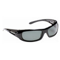 Black sunglasses are positioned facing forward showcasing a sleek design with dark lenses reflecting light they are typically used to shield eyes from sunlight outdoors