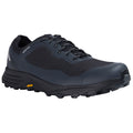 A black hiking shoe features a textured surface and a flexible sole designed for traction. It is designed for outdoor activities and provides sturdy support on various terrains.