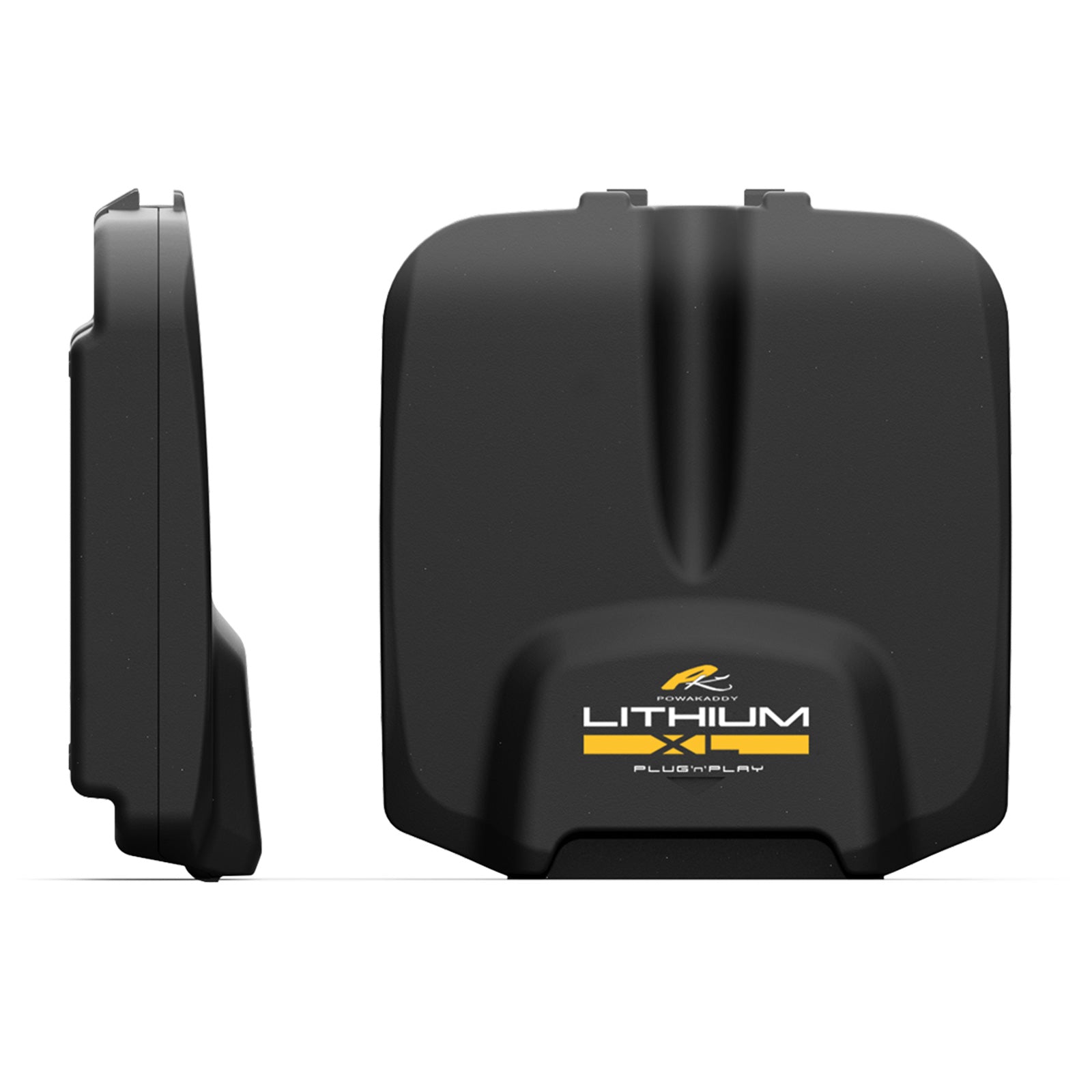 A black rectangular lithium battery sits upright and sideways displaying the label with "LITHIUM XL PLUG'N'PLAY" showcasing its power capacity while isolated against a plain background.