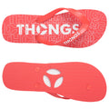 Red flip-flops feature a patterned footbed with the word "THONGS" prominently displayed. The straps are also red and the soles are textured for grip.
