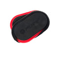 A black and red fitness slider is positioned flat showing its smooth surface designed for exercise use it facilitates bodyweight movements and core workouts on various surfaces.