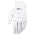 Titleist Mens PermaSoft Left Hand Golf Glove A white golf glove with perforations and a Velcro strap is displayed. The glove’s clean design suggests use in sporting activities, particularly golf. The brand Titleist is visible on the wrist area.