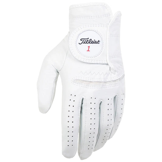 Titleist Mens PermaSoft Left Hand Golf Glove A white golf glove with perforations and a Velcro strap is displayed. The glove’s clean design suggests use in sporting activities, particularly golf. The brand Titleist is visible on the wrist area.