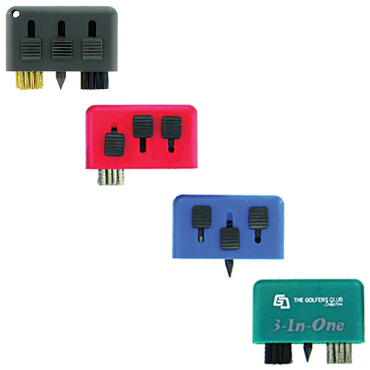 Four compact multi-tools designed for golfing are displayed. Each tool features brushes and a divot repair tool in various colors. They are arranged in a stacked formation against a white background.