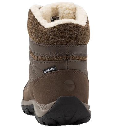 A waterproof brown boot stands upright with a soft lined collar. The textured material combines leather and wool, designed for cold weather use in outdoor environments.