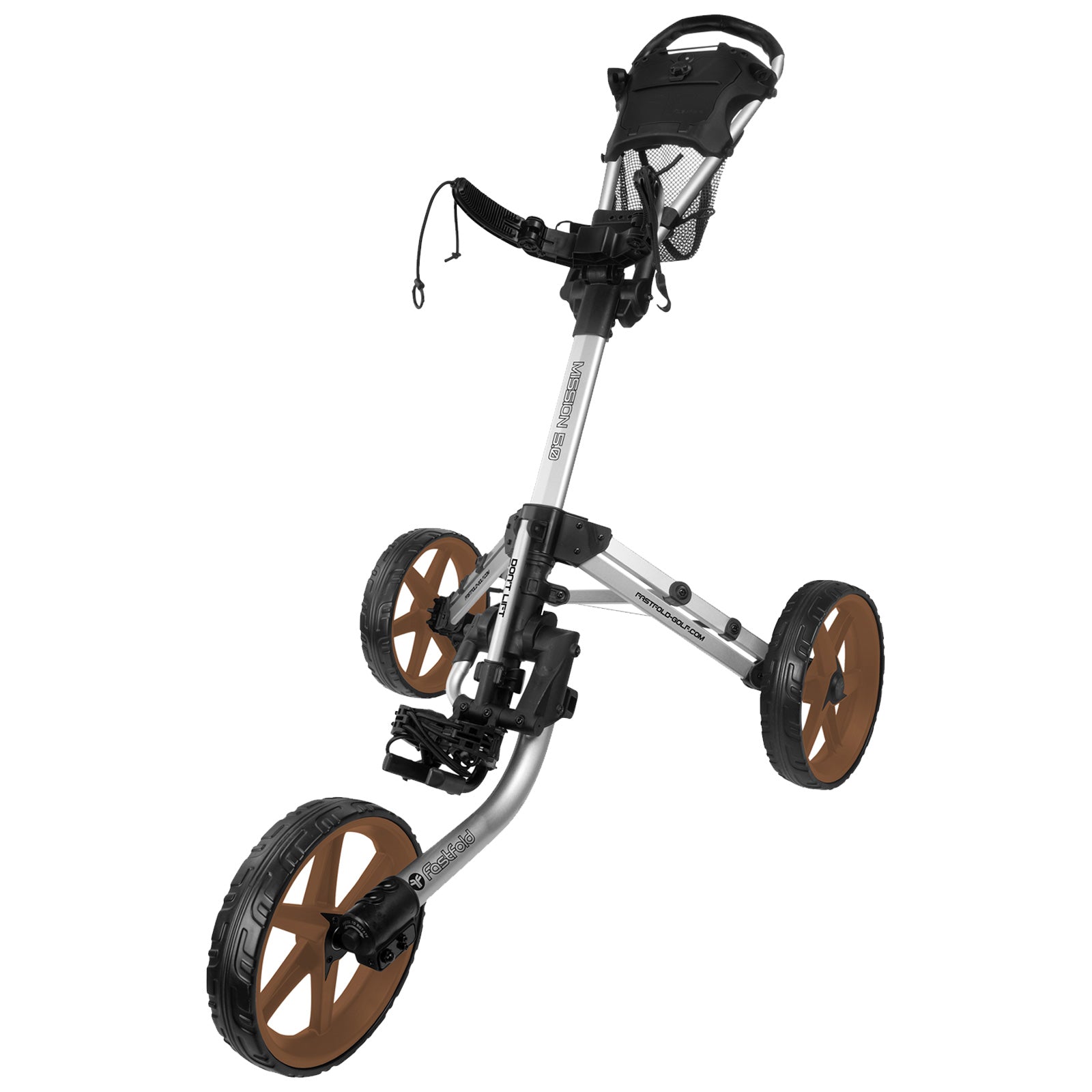 A golf push cart stands upright with three wheels the front two are larger with brown rims and the handle features a mesh cup holder and control mechanisms for maneuvering on a course.