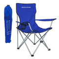 A blue folding camping chair is positioned next to its matching carrying bag which is also blue displaying the brand name Rock River both objects are designed for outdoor leisure activities.