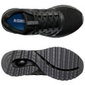 A black athletic shoe sits flat displaying its mesh upper and textured sole positioned for viewing against a neutral backdrop emphasizing its functional design and grip.