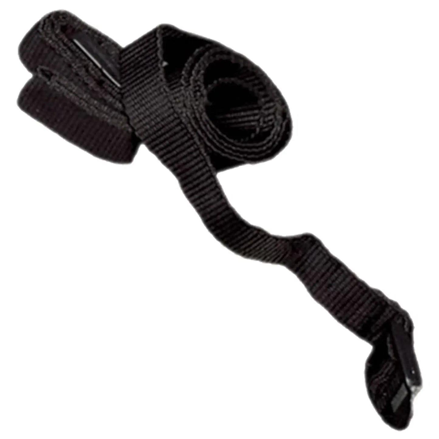 A rolled black strap lies flat with one end partially extended and a metal clip at the end suggesting its use for securing or fastening items in various contexts.