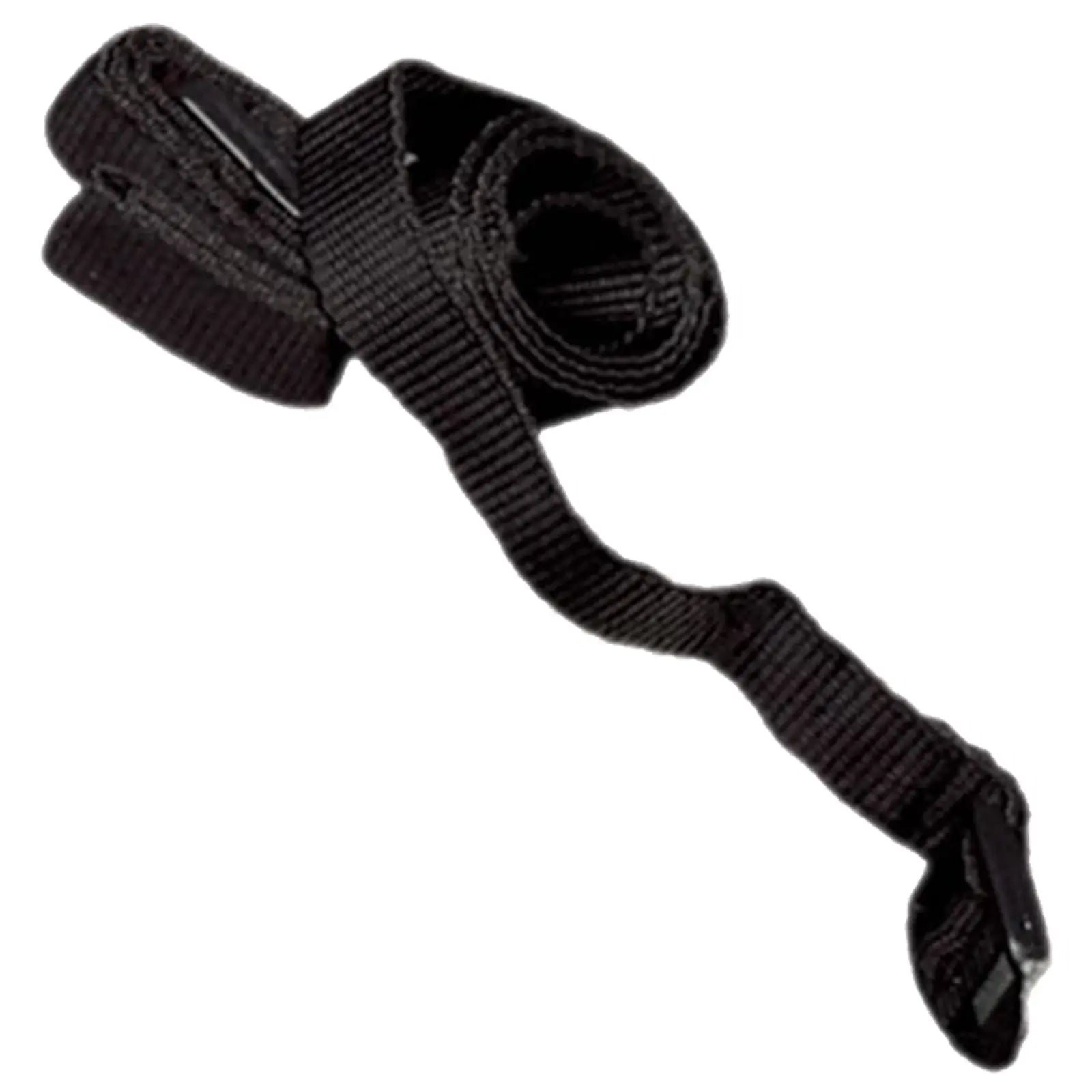 A rolled black strap lies flat with one end partially extended and a metal clip at the end suggesting its use for securing or fastening items in various contexts.
