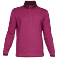 A long-sleeve, collared pullover in a vibrant purple color with a textured pattern has a contrasting dark collar and hem, suitable for casual or athletic wear.