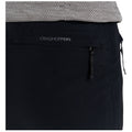 A pair of black pants is displayed with a visible zipper pocket featuring the brand name Craghoppers above it, surrounded by a textured gray fabric at the waist.