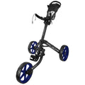 A golf push cart stands upright with a sturdy frame and large blue wheels designed for easy maneuverability. It features a handle and storage mesh for carrying accessories on a golf course.
