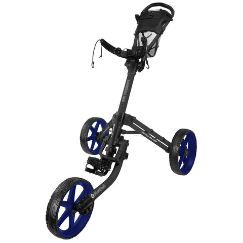 A golf push cart stands upright with a sturdy frame and large blue wheels designed for easy maneuverability. It features a handle and storage mesh for carrying accessories on a golf course.